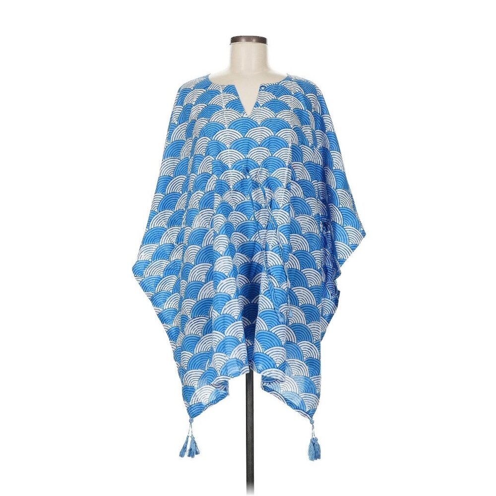 NWT Pax Philomena Short Kaftan in Blue White Fan Arch Print Dress O/S One Size